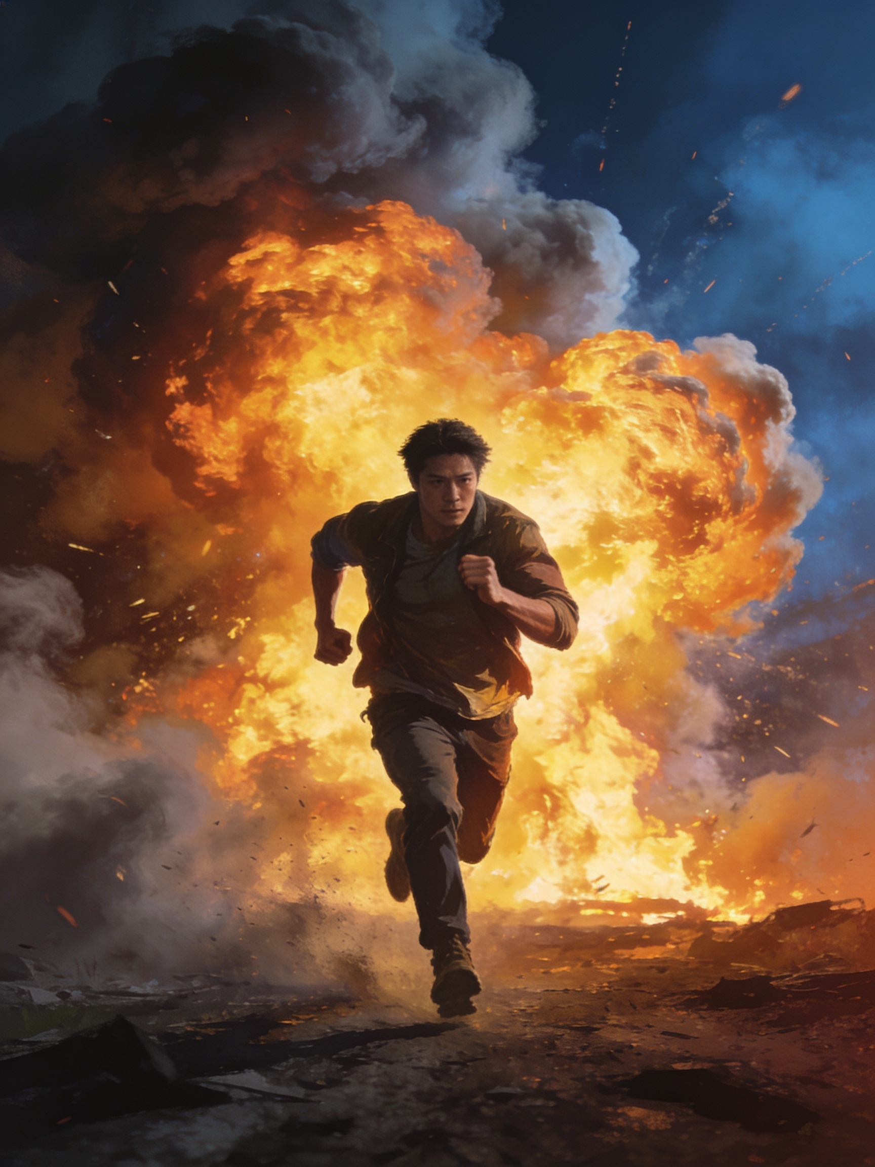 cinematic editorial illustration of an action movie poster style scene with an explosion and a running figure, no text or letters