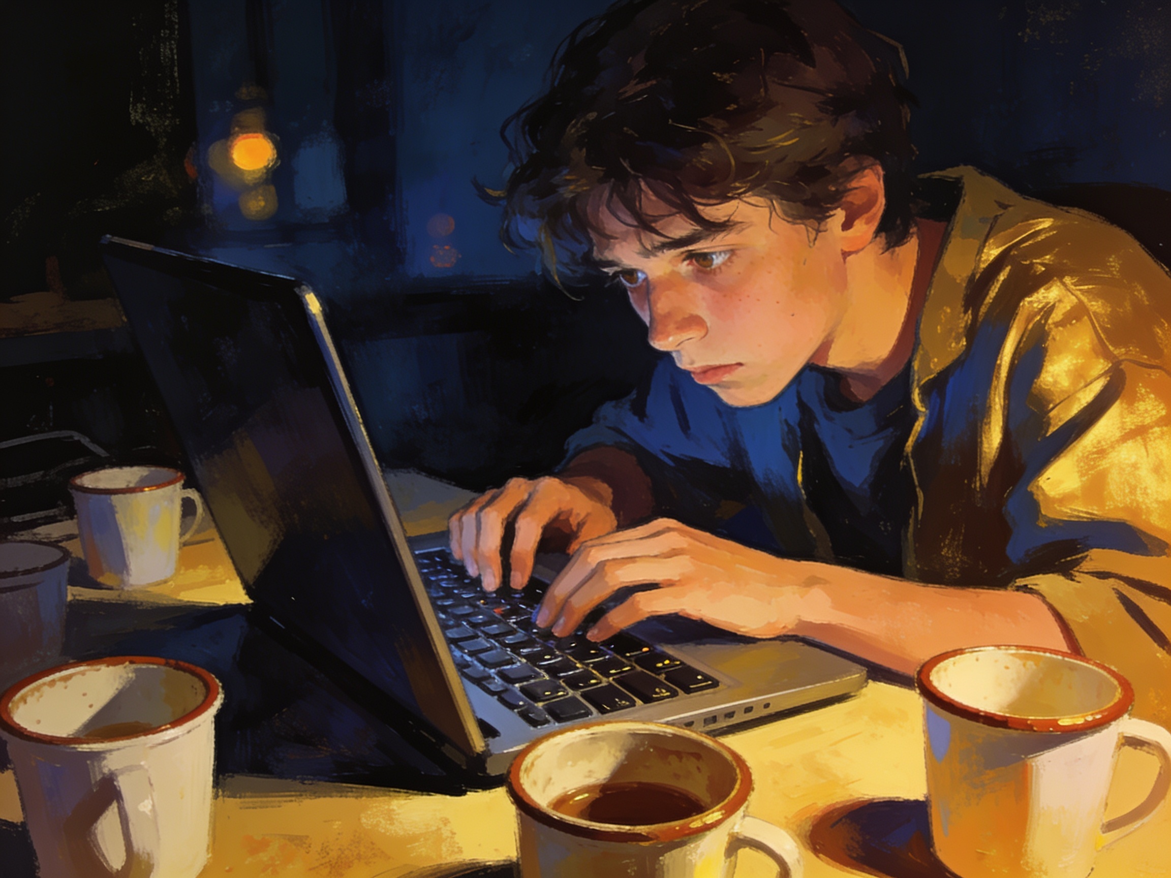 A tired but focused young person typing on a laptop in a dimly lit room, surrounded by empty coffee cups.