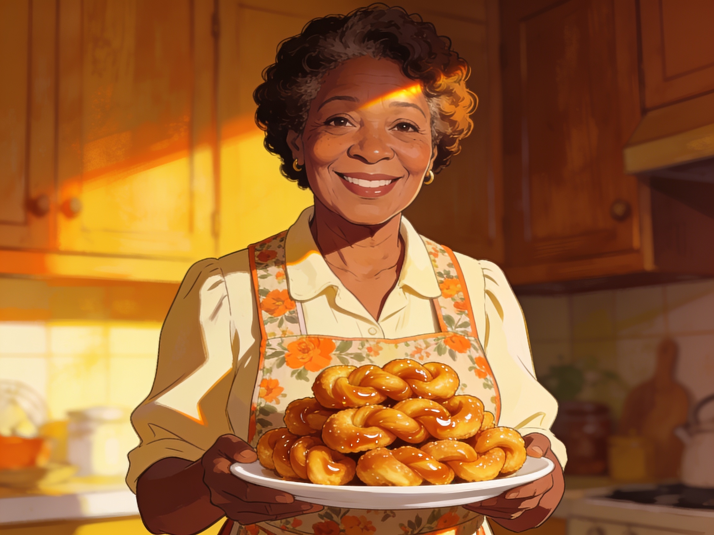 A cheerful Afrikaans aunty offering a plate of biscuits